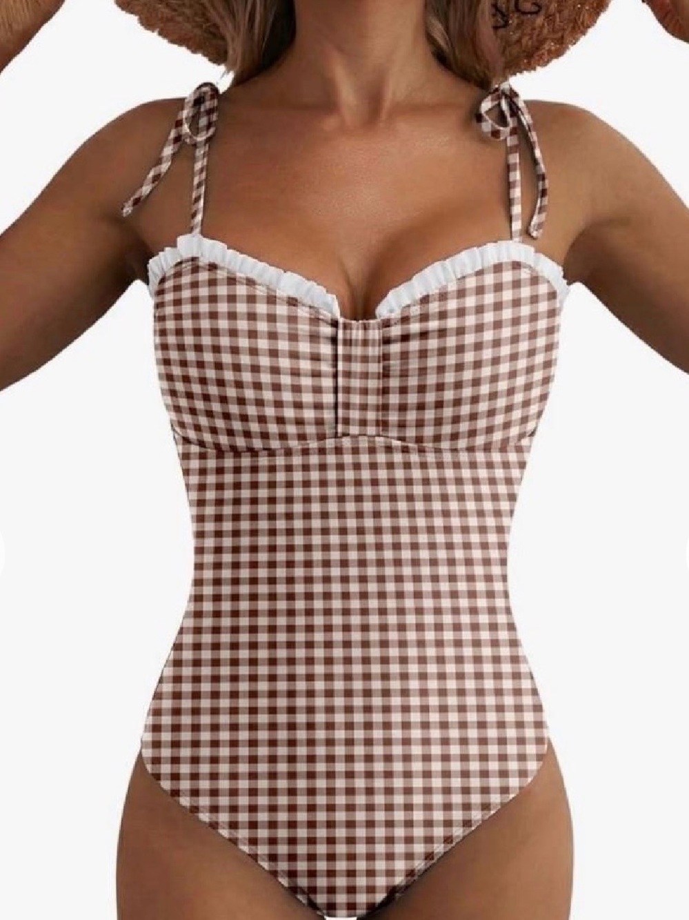 Gingham Ruffle One-Piece Swimsuit - Brown
